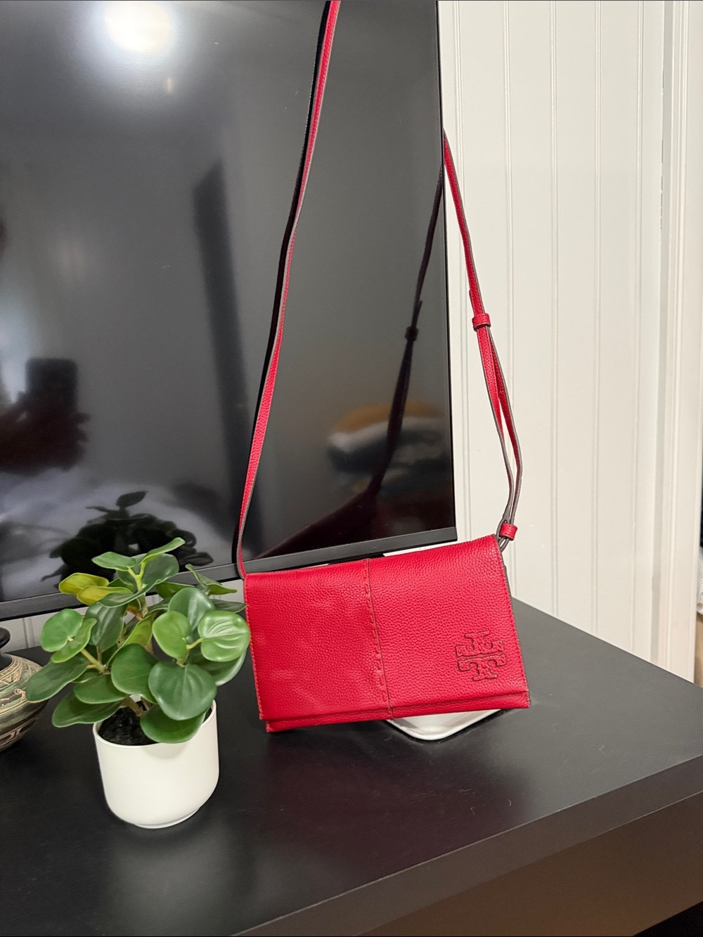 Tory Burch Red Pebbled Leather Flap Crossbody